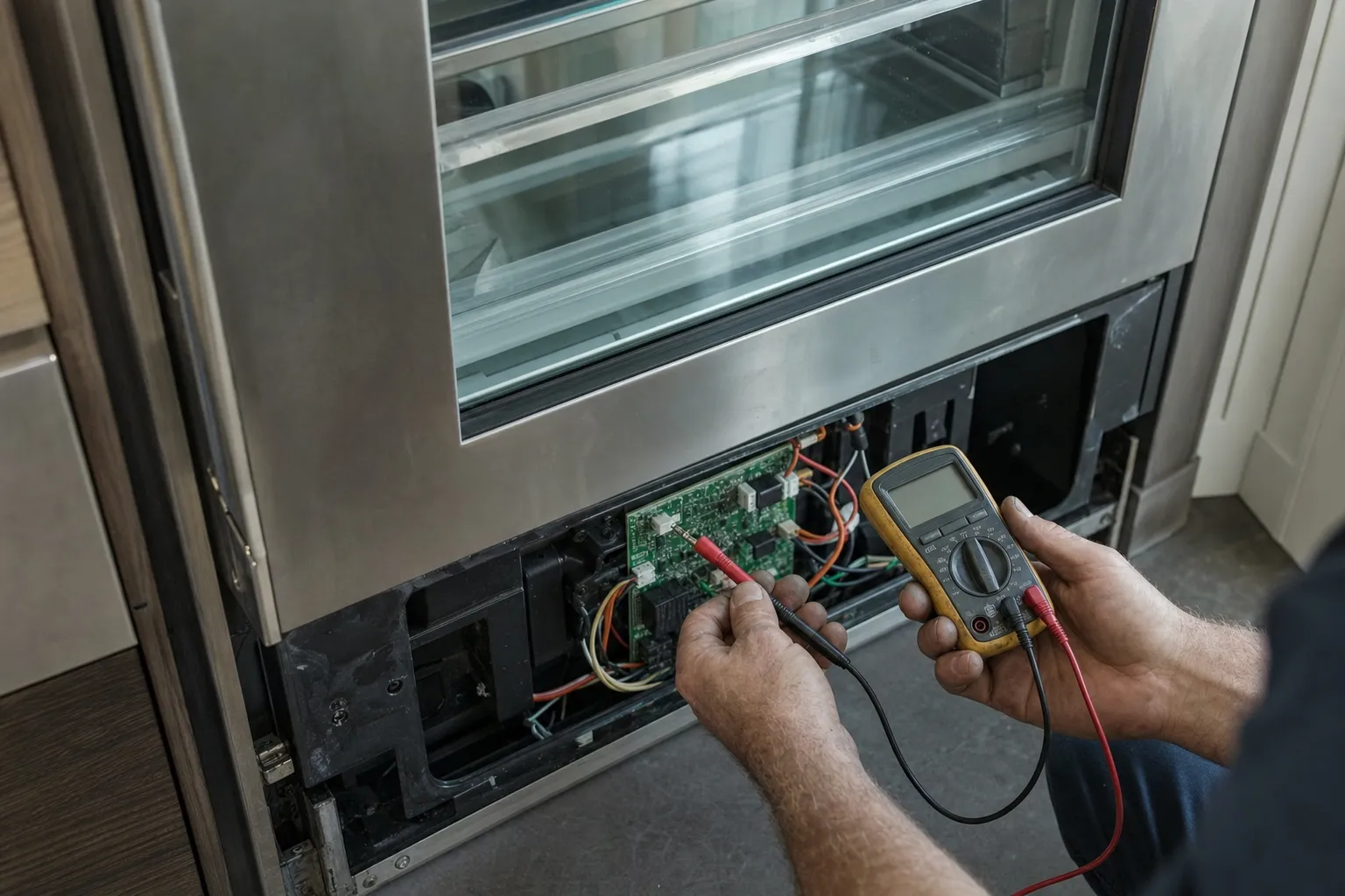 Multimeter probes on an exposed control board below the glass door of a stainless refrigerator